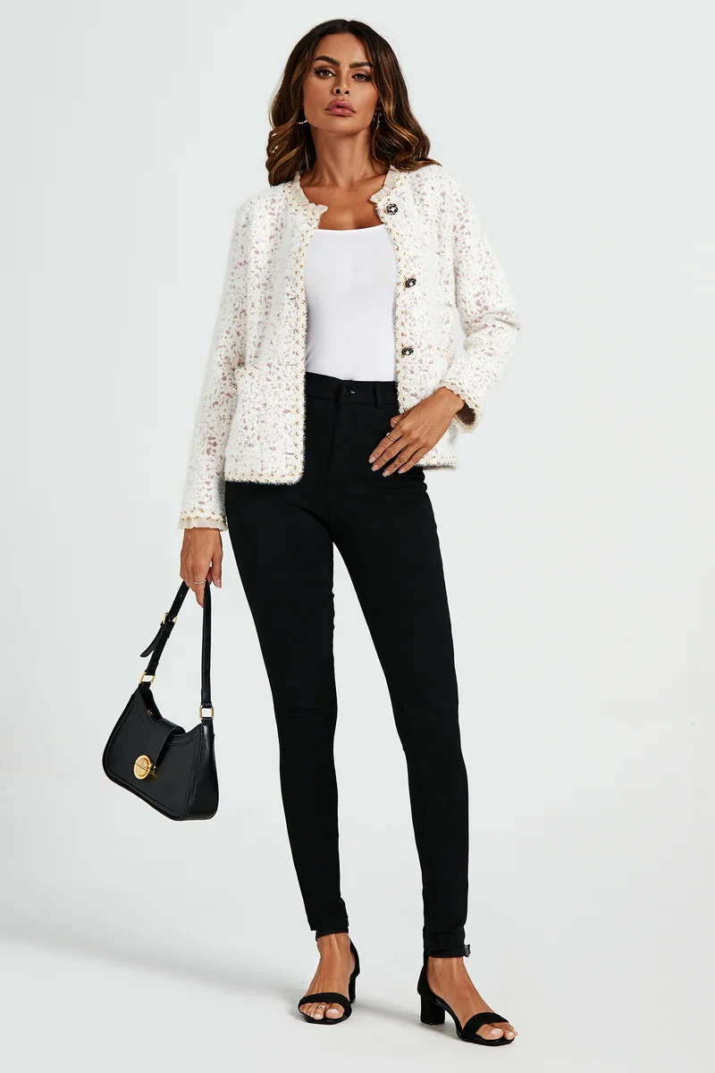 FS COLLECTION Bouclèjacke Damen Bouclé-Jacke Kurzjacke mit Spitzenbesatz und Leopardenmuster (Größen: XS, S, M, L, XL, 3 Farben : Gelb, Schwarz und Creme) 35% Baumwolle, 65% Polyester