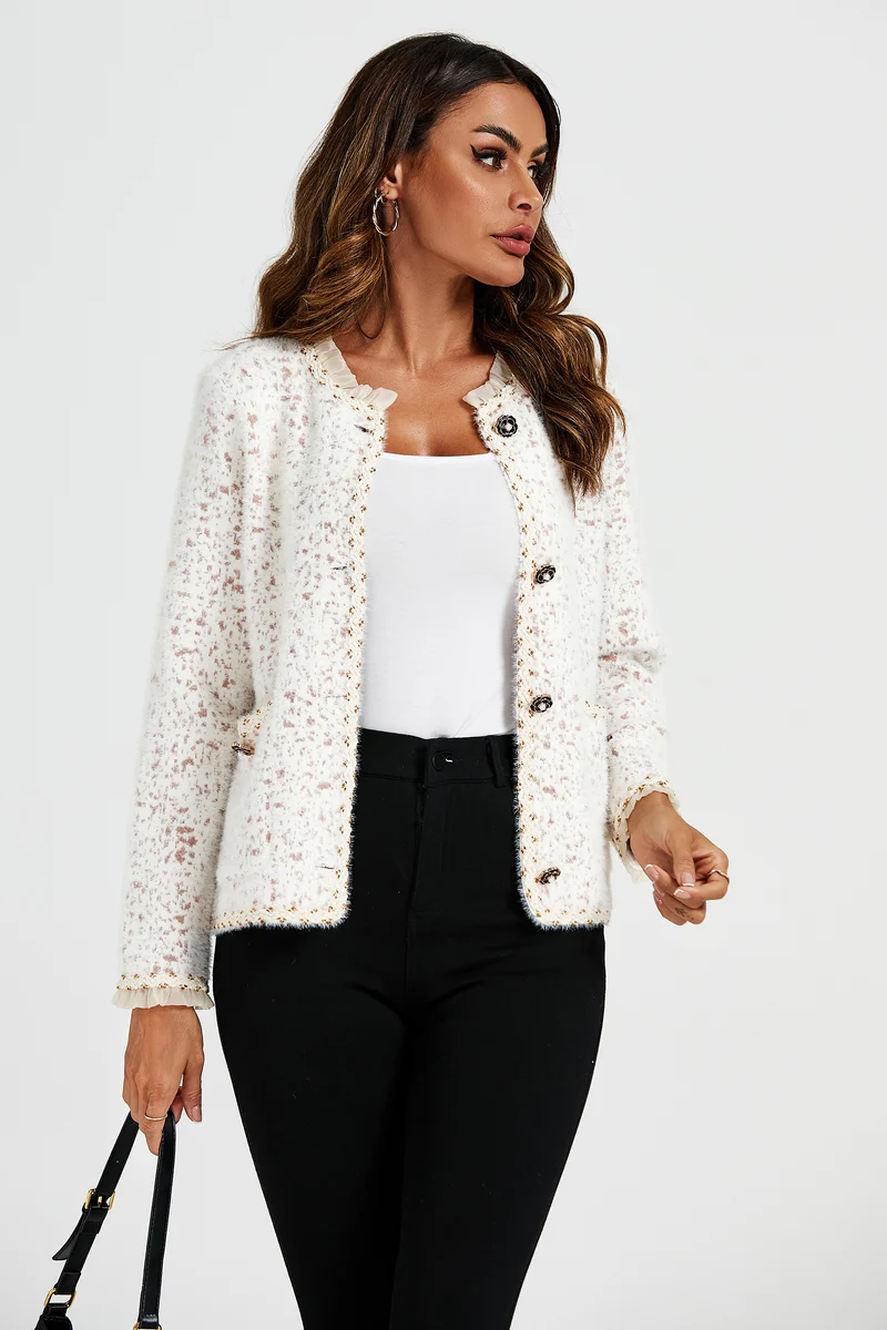 FS COLLECTION Bouclèjacke Damen Bouclé-Jacke Kurzjacke mit Spitzenbesatz und Leopardenmuster (Größen: XS, S, M, L, XL, 3 Farben : Gelb, Schwarz und Creme) 35% Baumwolle, 65% Polyester