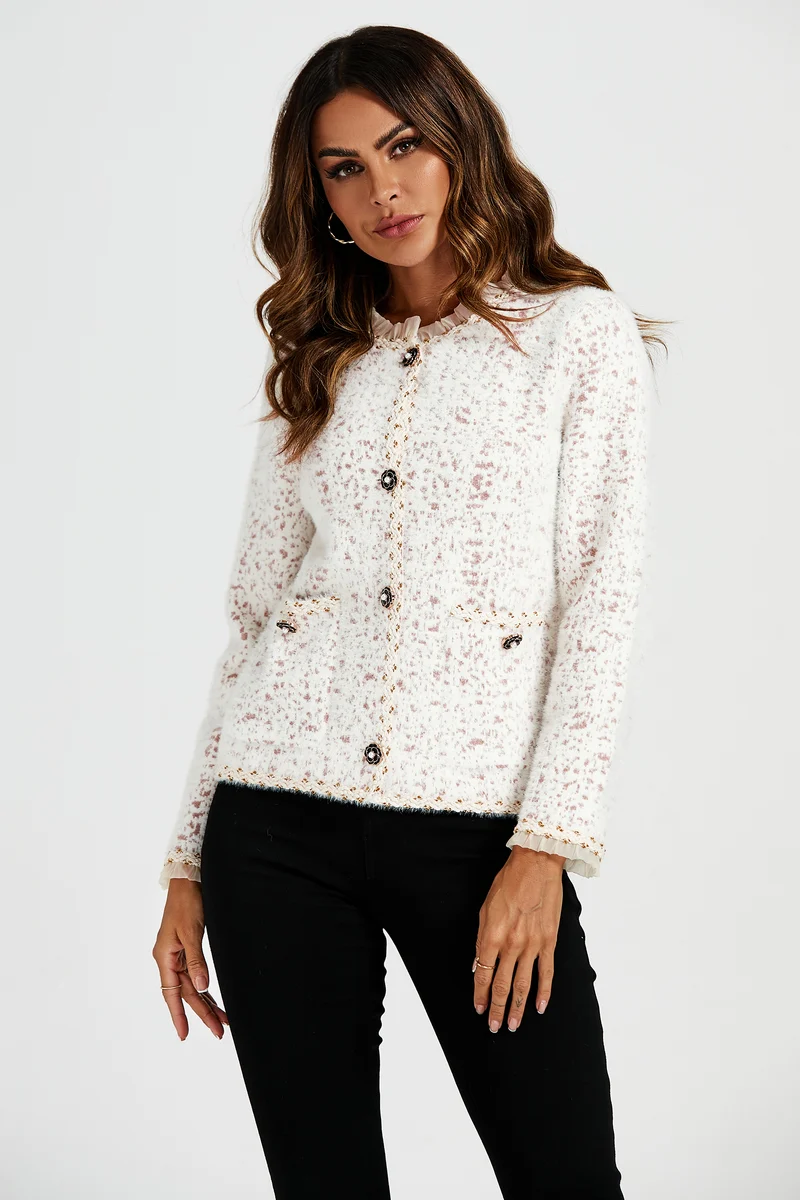 FS COLLECTION Bouclèjacke Damen Bouclé-Jacke Kurzjacke mit Spitzenbesatz und Leopardenmuster (Größen: XS, S, M, L, XL, 3 Farben : Gelb, Schwarz und Creme) 35% Baumwolle, 65% Polyester