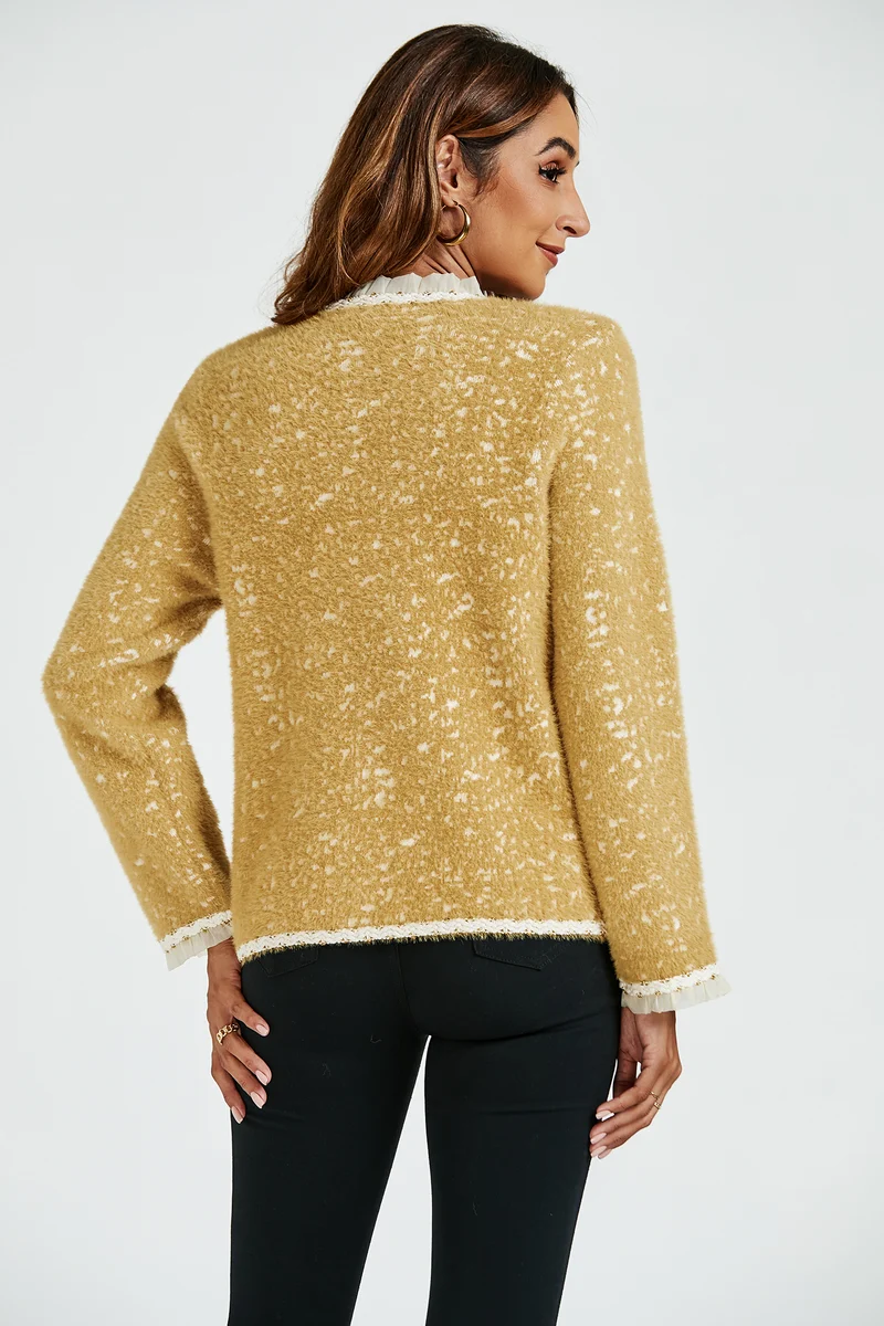 FS COLLECTION Bouclèjacke Damen Bouclé-Jacke Kurzjacke mit Spitzenbesatz und Leopardenmuster (Größen: XS, S, M, L, XL, 3 Farben : Gelb, Schwarz und Creme) 35% Baumwolle, 65% Polyester