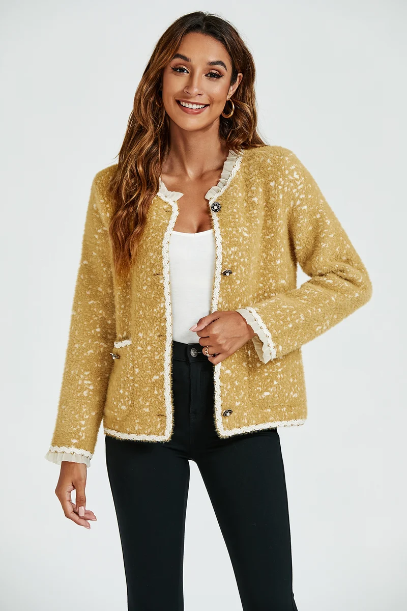 FS COLLECTION Bouclèjacke Damen Bouclé-Jacke Kurzjacke mit Spitzenbesatz und Leopardenmuster (Größen: XS, S, M, L, XL, 3 Farben : Gelb, Schwarz und Creme) 35% Baumwolle, 65% Polyester