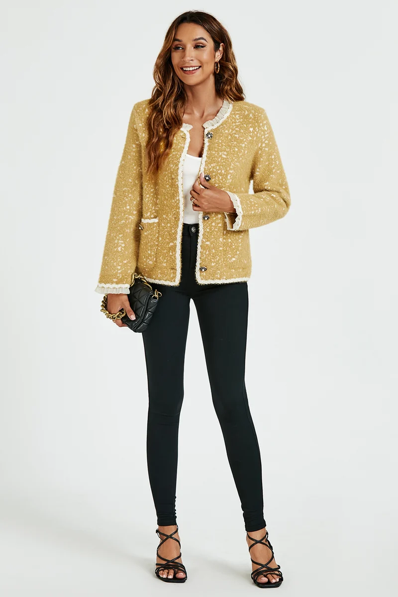 FS COLLECTION Bouclèjacke Damen Bouclé-Jacke Kurzjacke mit Spitzenbesatz und Leopardenmuster (Größen: XS, S, M, L, XL, 3 Farben : Gelb, Schwarz und Creme) 35% Baumwolle, 65% Polyester
