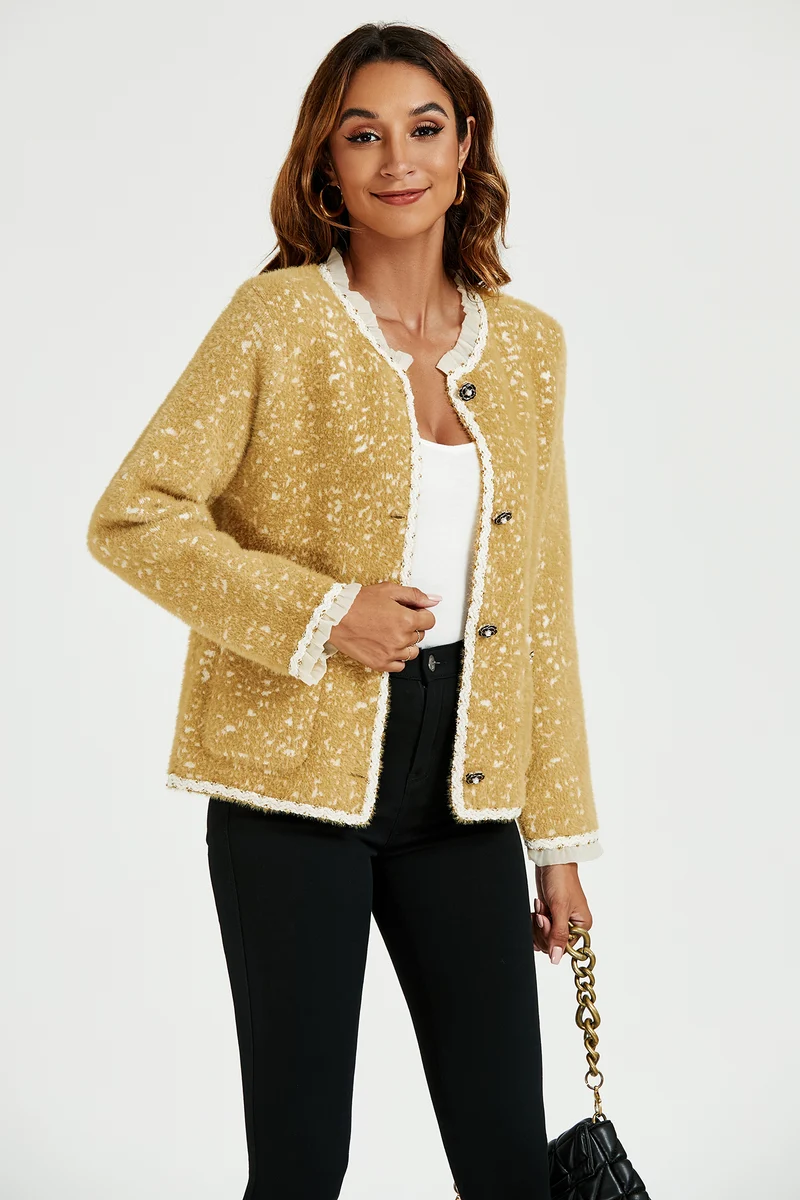 FS COLLECTION Bouclèjacke Damen Bouclé-Jacke Kurzjacke mit Spitzenbesatz und Leopardenmuster (Größen: XS, S, M, L, XL, 3 Farben : Gelb, Schwarz und Creme) 35% Baumwolle, 65% Polyester