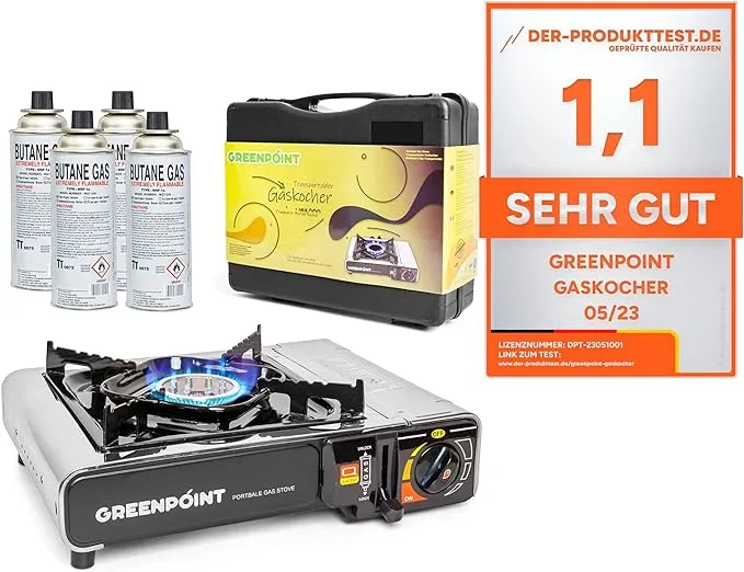Greenpoint Gaskocher (Edelstahl) + 4 Kartuschen