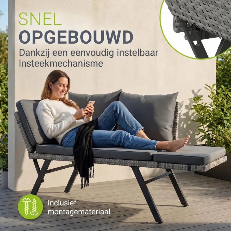 Polyrattan Multifunktionsbank Calvia Schwarz/Grau/Creme