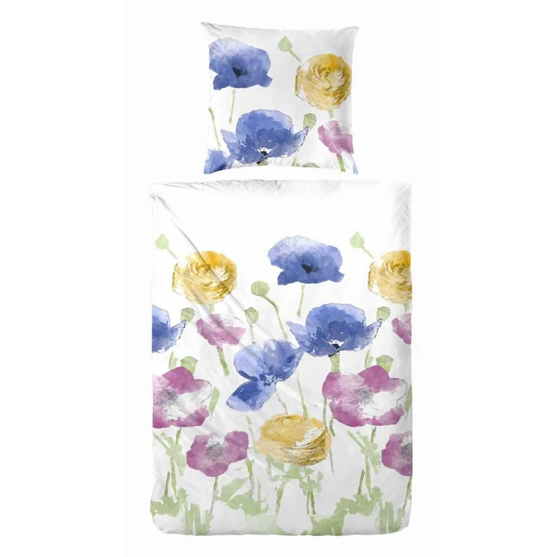Satin Bettwäsche Blumen Weiß Blau