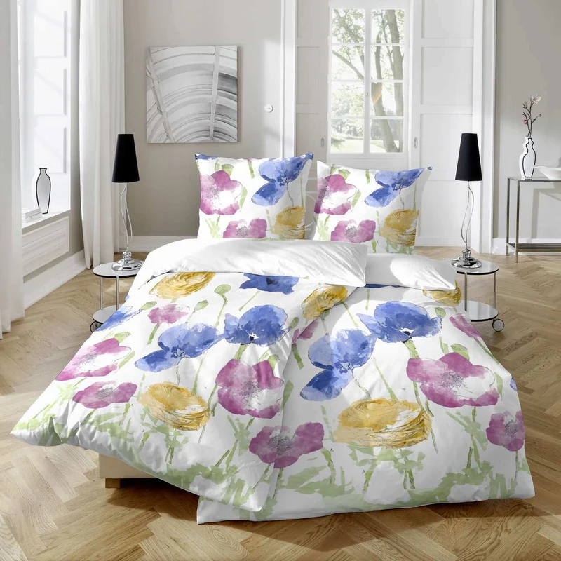 Satin Bettwäsche Blumen Weiß Blau
