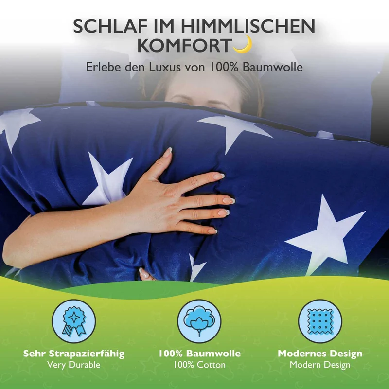 etérea Renforcé Baumwoll Bettwäsche Sterne Grau & Blau