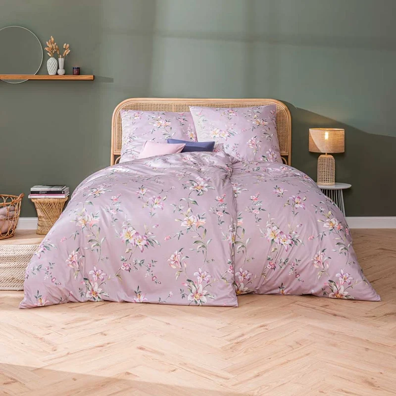 Bettwäsche Interlock Jersey Lilian Rosa mit Blumenmuster 135 x 200 cm