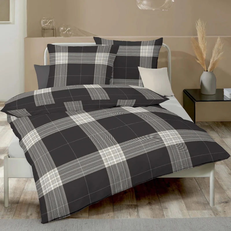 Bettwäsche Biber Glencheck allover Anthrazit mit Karomuster 155 x 220 cm