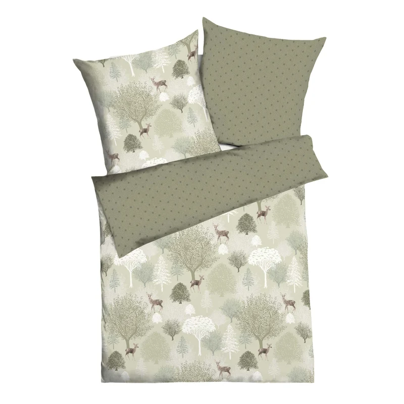 Bettwäsche Biber Autumn Khaki mit Waldmotiv 135 x 200 cm