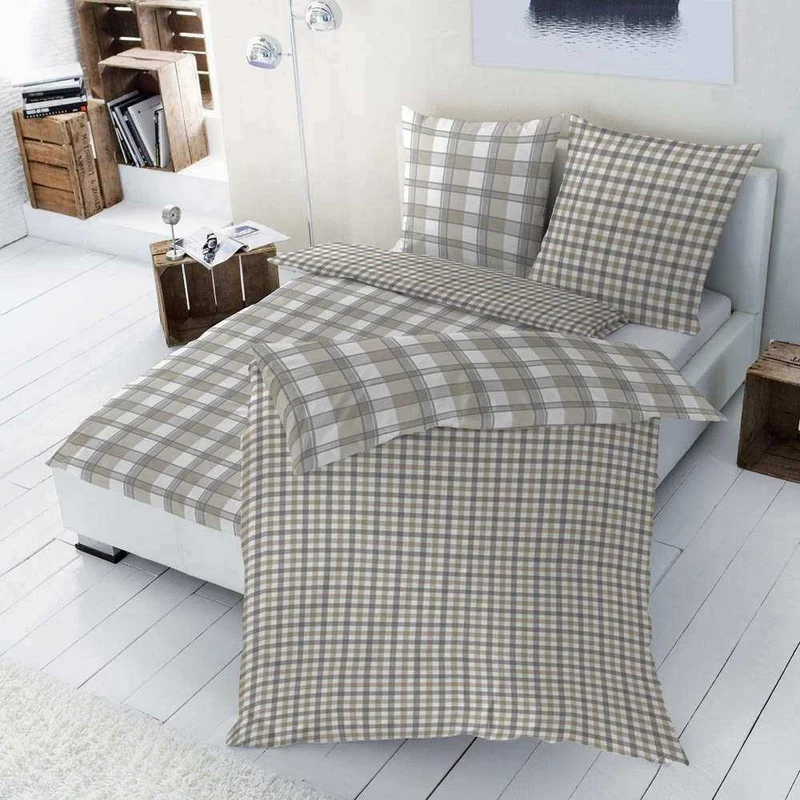 Renforcé Bettwäsche Weiß Beige Kariert