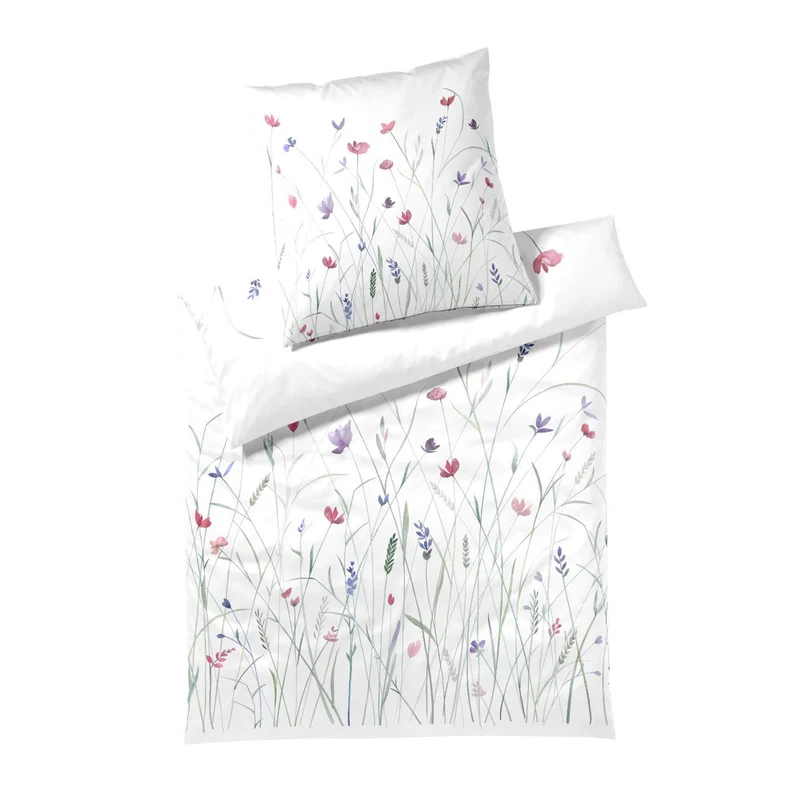 Bettwäsche Mako Satin Highlife Weiß mit Blumenmuster 135 x 200 cm