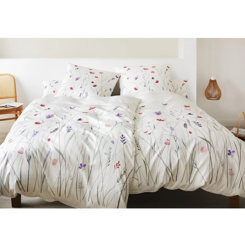 Bettwäsche Mako Satin Highlife Weiß mit Blumenmuster 135 x 200 cm