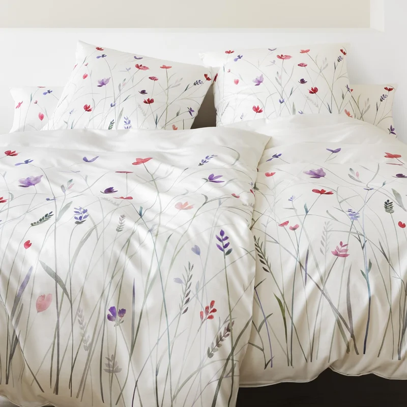 Bettwäsche Mako Satin Highlife Weiß mit Blumenmuster 135 x 200 cm