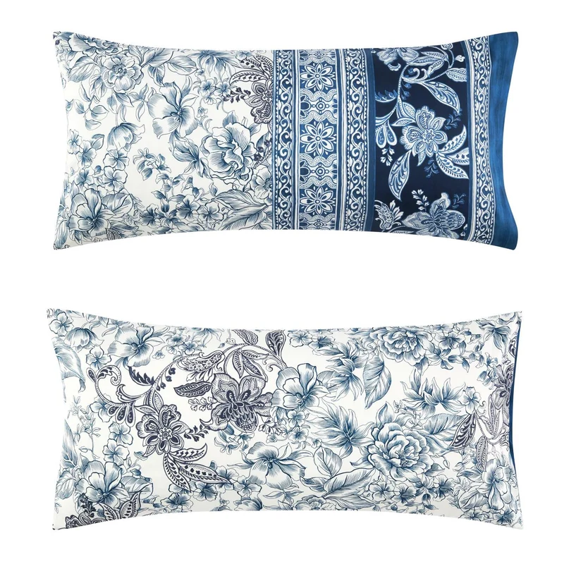 Kissenbezug Mako Satin Capodimonte Blau mit floralem Muster 40 x 80 cm