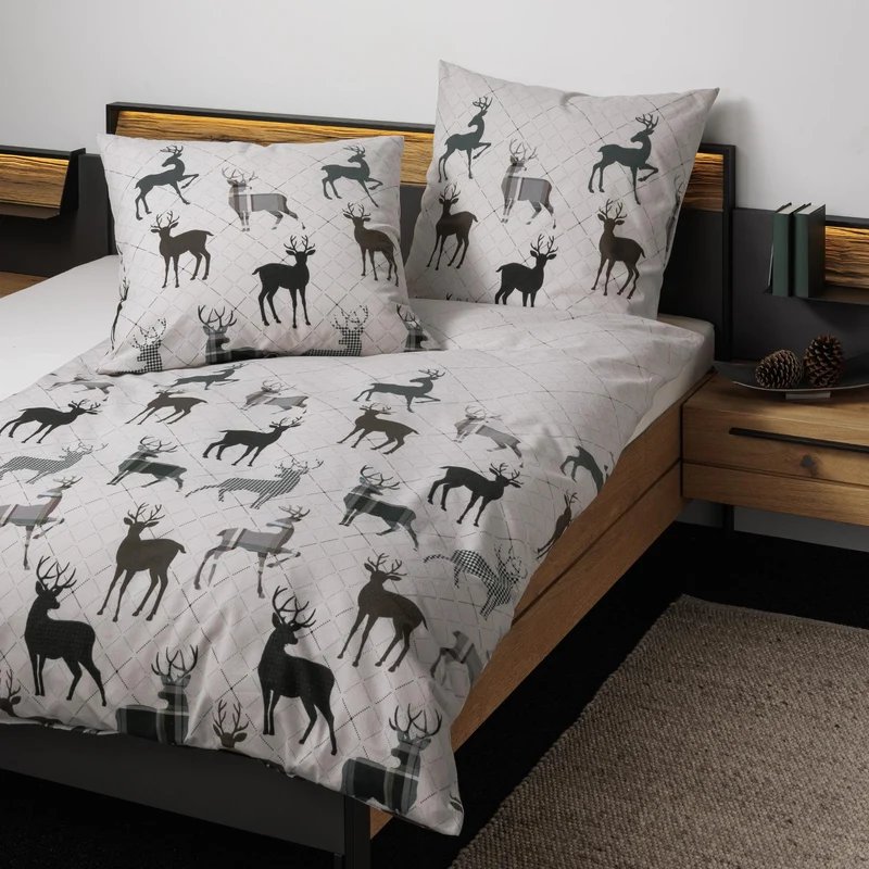 Bettwäsche Feinbiber Davos Natur mit Hirschmotiv 135 x 200 cm
