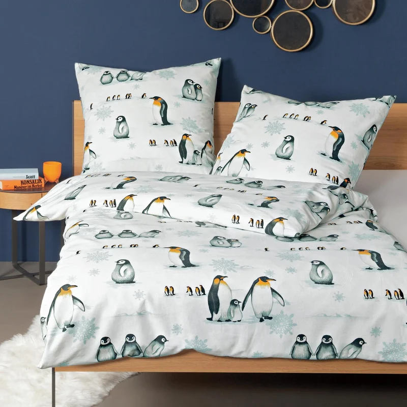 Biber Bettwäsche Davos weiß mit Pinguinmuster 135 x 200 cm