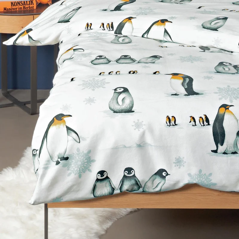 Biber Bettwäsche Davos weiß mit Pinguinmuster 135 x 200 cm