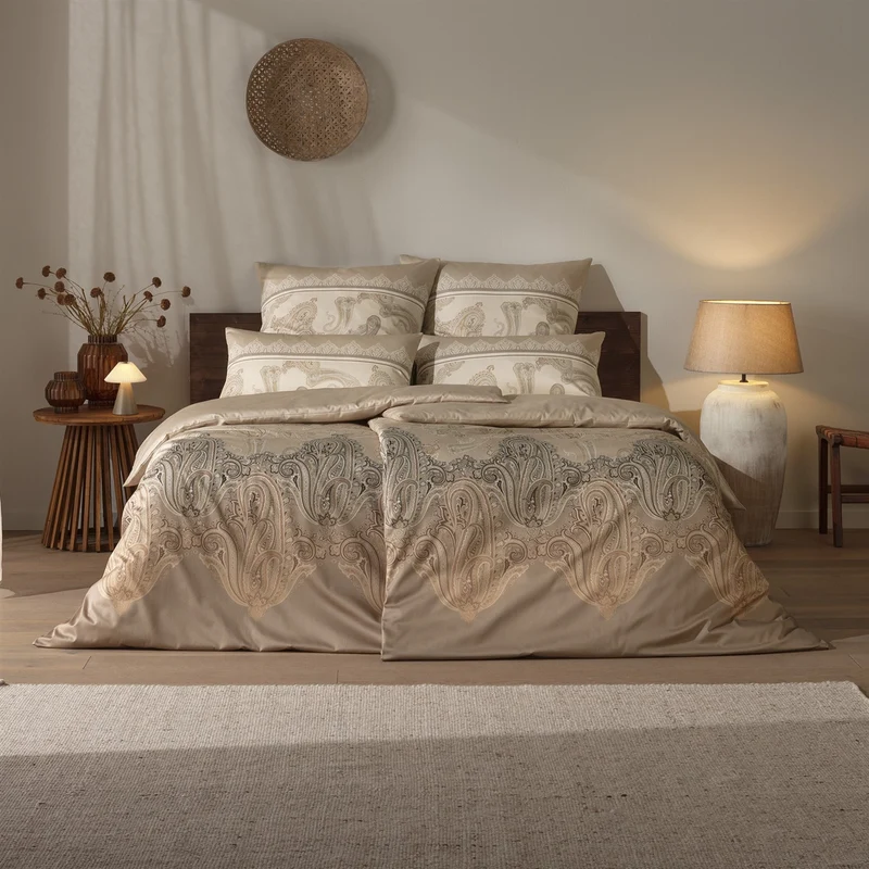 Bettwäsche Mako Satin Hestia Kiesel mit Paisleymuster 135 x 200 cm