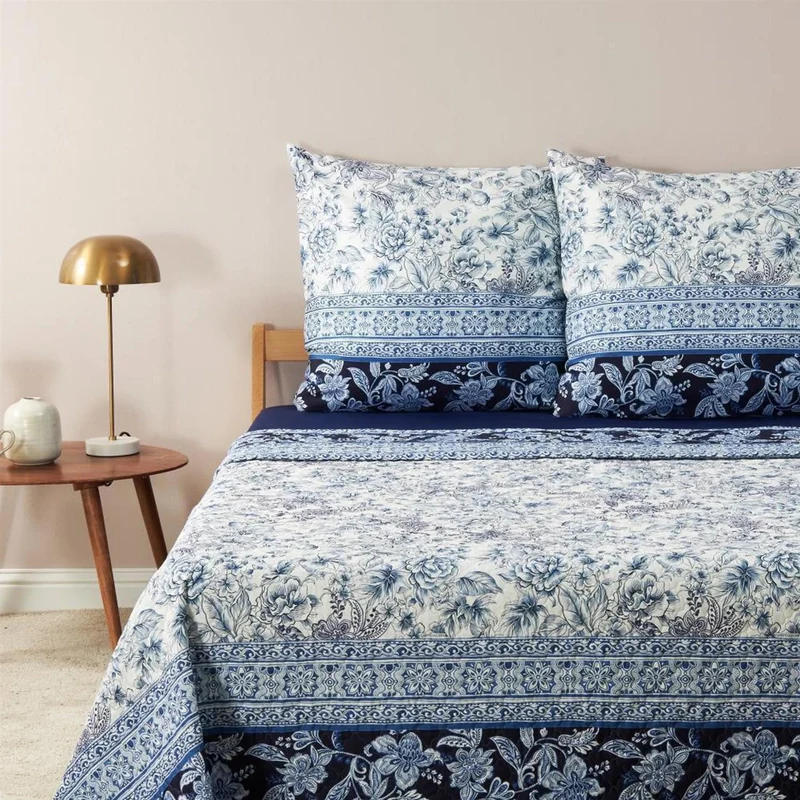 Bettwäsche Mako Satin Capodimonte Blau mit floralem Muster 155 x 220 cm