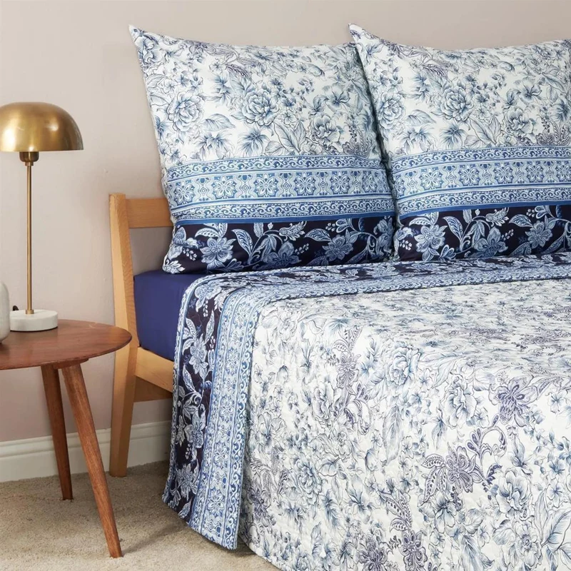 Bettwäsche Mako Satin Capodimonte Blau mit floralem Muster 155 x 220 cm