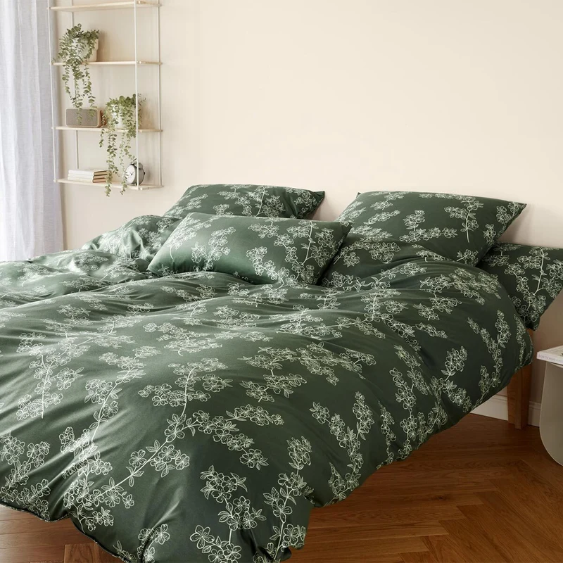 Bettwäsche Interlock Jersey Cherry Blossom Grün mit Blumenmuster 135 x 200 cm