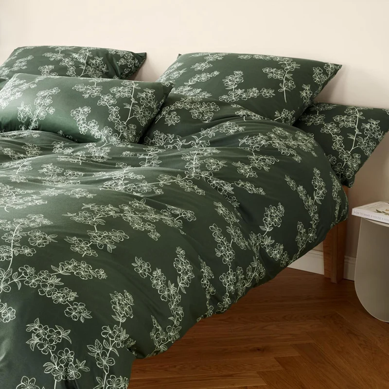 Bettwäsche Interlock Jersey Cherry Blossom Grün mit Blumenmuster 135 x 200 cm