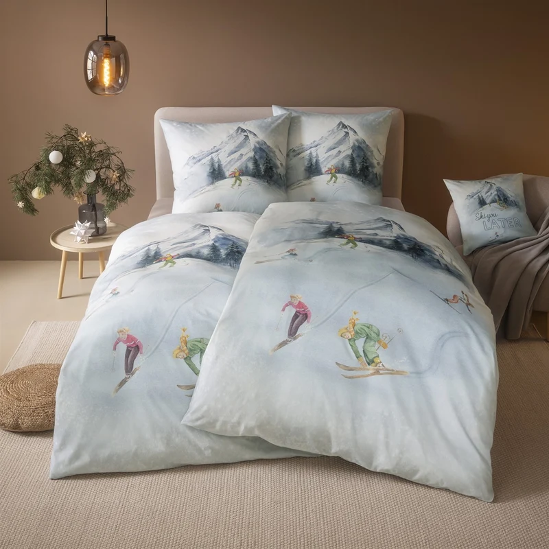 Bettwäsche Flanell Mountaina Weiß mit Skiläufermotiv 155 x 220 cm