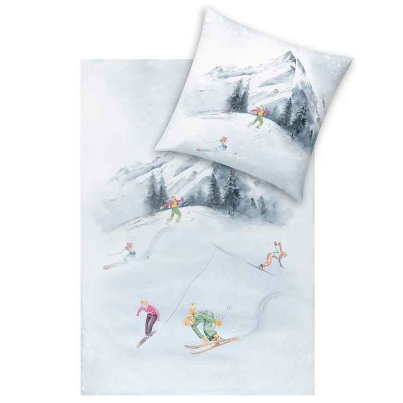 Bettwäsche Flanell Mountaina Weiß mit Skiläufermotiv 155 x 220 cm