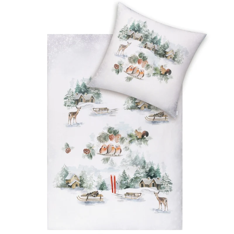 Bettwäsche Flanell Birdy Weiß mit Winterlandschaft 155 x 220 cm