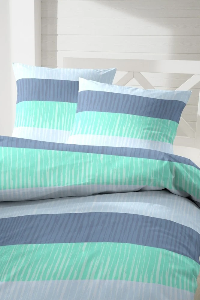 Hahn Polycotton Bettwäsche Türkis Grau Streifen Blau 135x200 cm + 80x80 cm