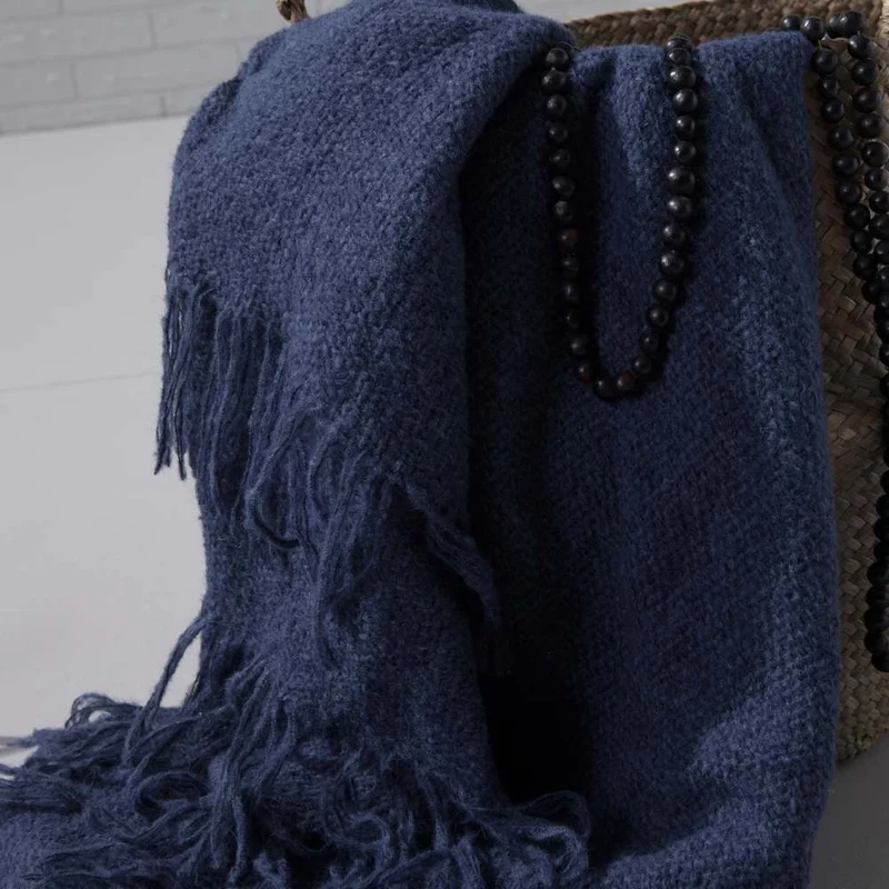 damai Alpaka Baumwolle Kuscheldecke Uni Blau Loft