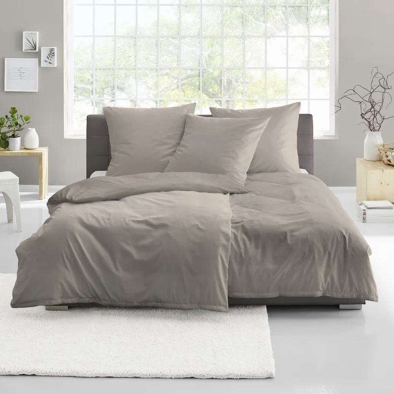 4 tlg. Bettwäsche Mako Satin Bierbaum taupe unifarben 135x200
