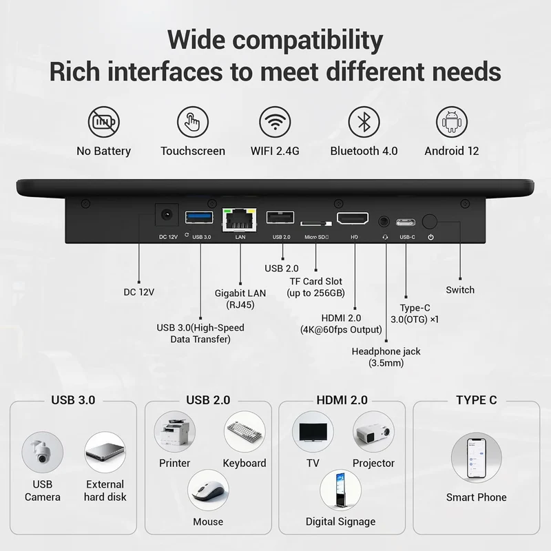 Lüfterloser All-in-One Touchscreen-Computer RK3399, Industrie-Panel-PC 10,1 Zoll Robust Android 12,
