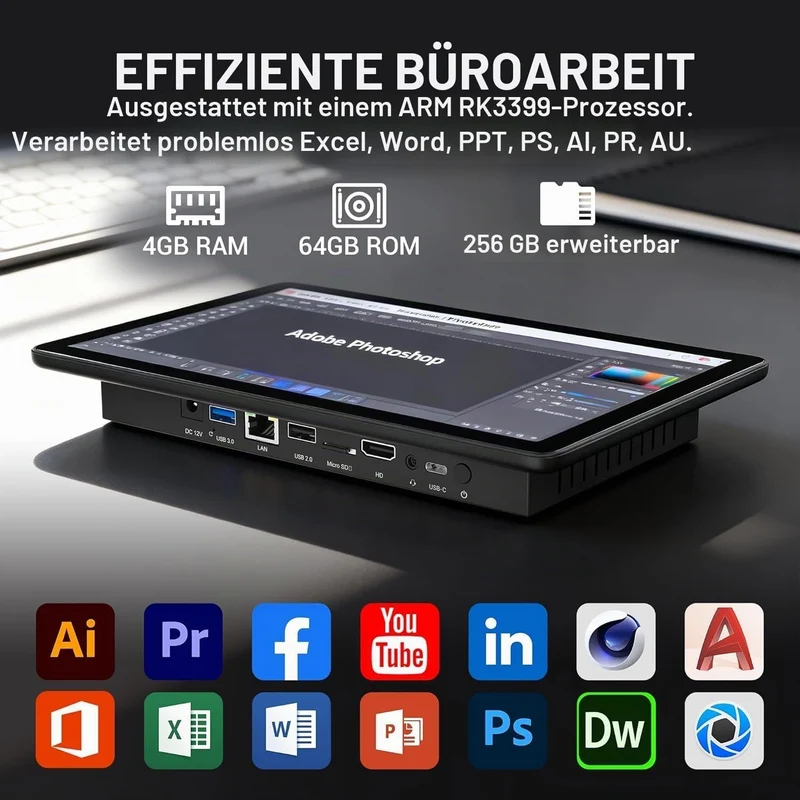 Lüfterloser All-in-One Touchscreen-Computer RK3399, Industrie-Panel-PC 10,1 Zoll Robust Android 12,