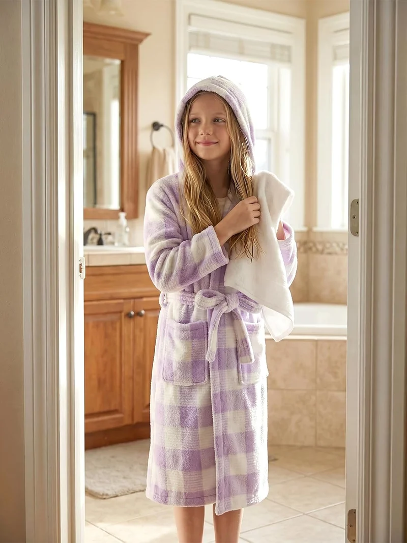 JiAmy Kapuzen Bademantel für Mädchen Flauschiger Fleece Plüsch Langer Schlafmantel Kinder Lila 7-9 J
