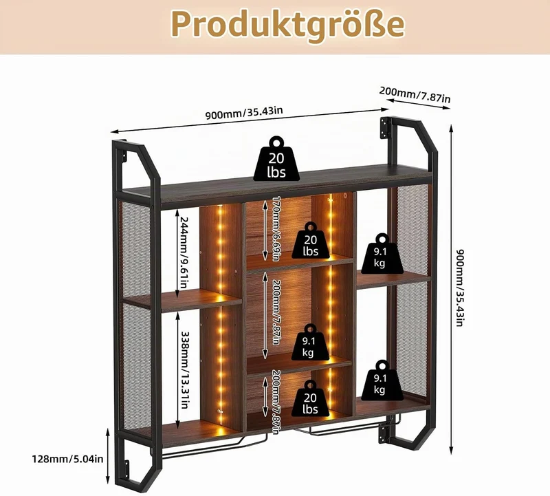 Weinregal Wand Mit LED-Licht 90*90CM Weinregal Zur Wandmontage Aus Eisen+MDF Flaschenregal Wand Wein