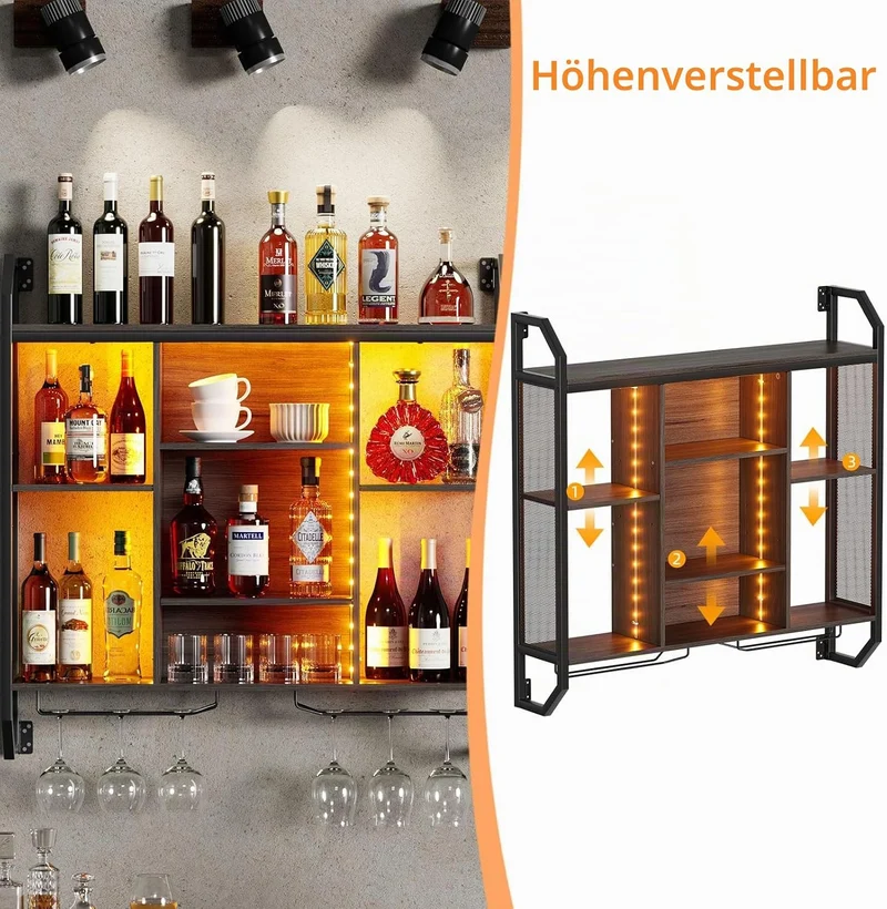 Weinregal Wand Mit LED-Licht 90*90CM Weinregal Zur Wandmontage Aus Eisen+MDF Flaschenregal Wand Wein