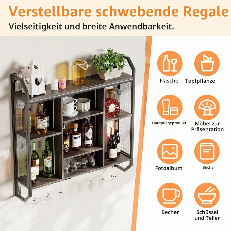 Weinregal Wand Mit LED-Licht 90*90CM Weinregal Zur Wandmontage Aus Eisen+MDF Flaschenregal Wand Wein