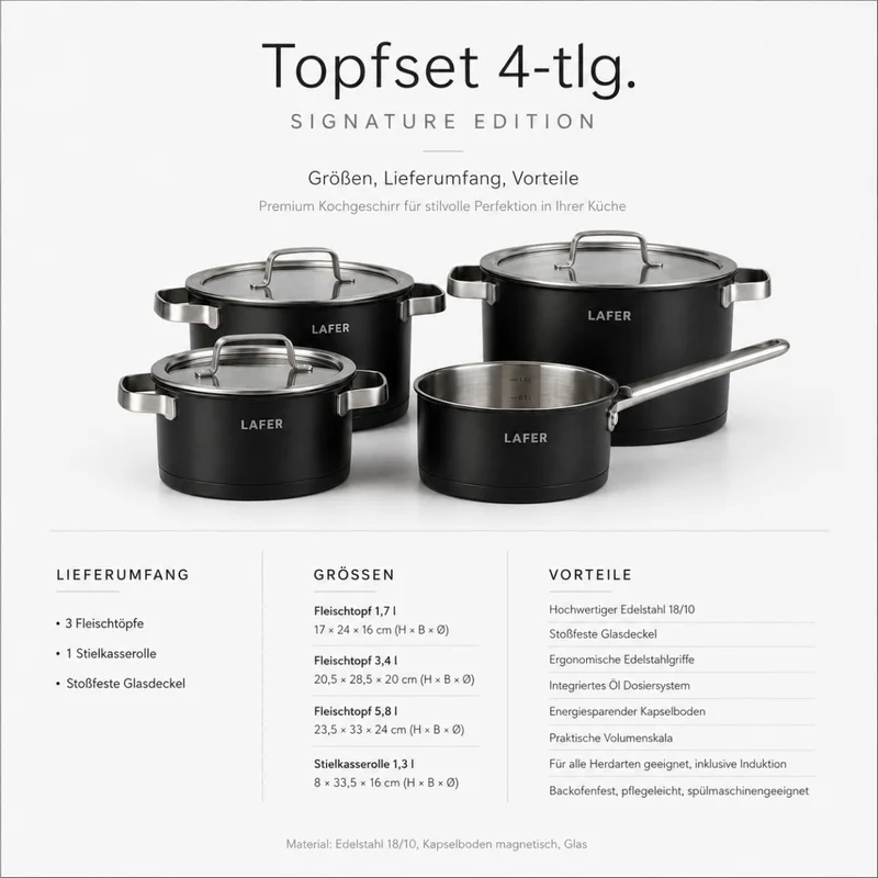 Johann Lafer Topfset 4-teilig Signature Edition – Edelstahl 18/10 Kochtopf Set mit Glasdeckel, energ