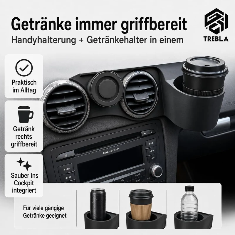 Generisch Handyhalterung kompatibel mit Audi A3 8P (BJ 2004-2013) Plus Getränkehalter, Plus Getränke