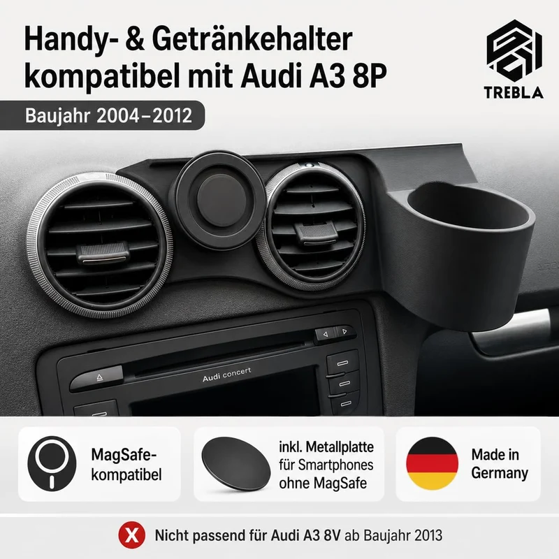 Generisch Handyhalterung kompatibel mit Audi A3 8P (BJ 2004-2013) Plus Getränkehalter, Plus Getränke