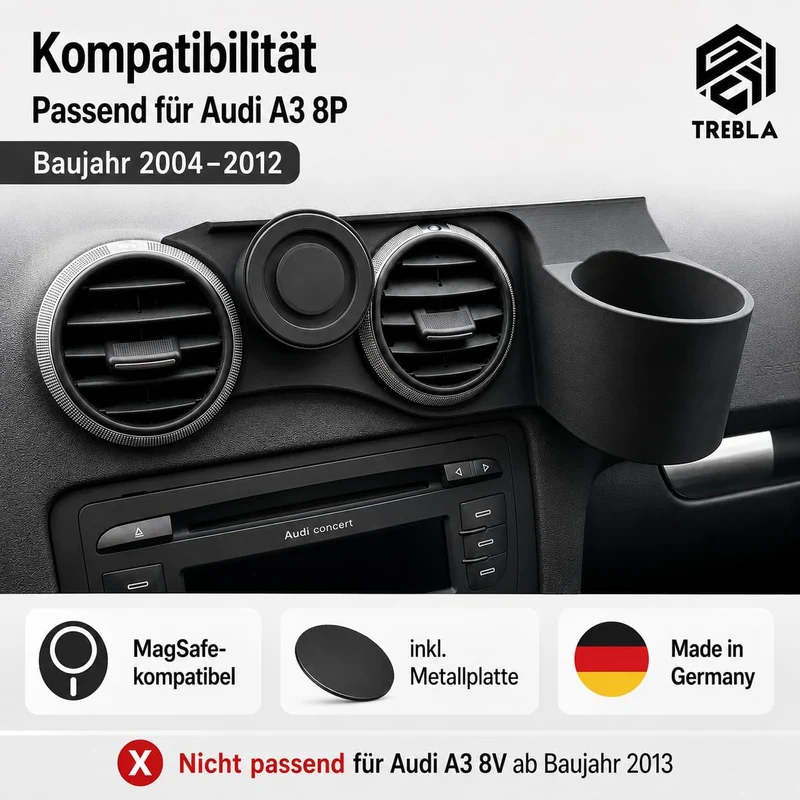 Generisch Handyhalterung kompatibel mit Audi A3 8P (BJ 2004-2013) Plus Getränkehalter, Plus Getränke