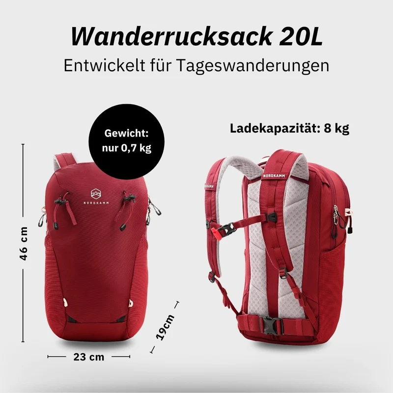 NORDKAMM® Profi Wanderrucksack 20L, klein - nur 680 g, Rucksack 20l aus Robic® Performance Nylon, Da