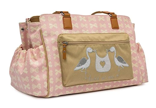 Baby-Wickeltasche mit Aufschrift „Twice as Nice“ - Pink, mit cremefarbene Schleifen, von Pink Lining