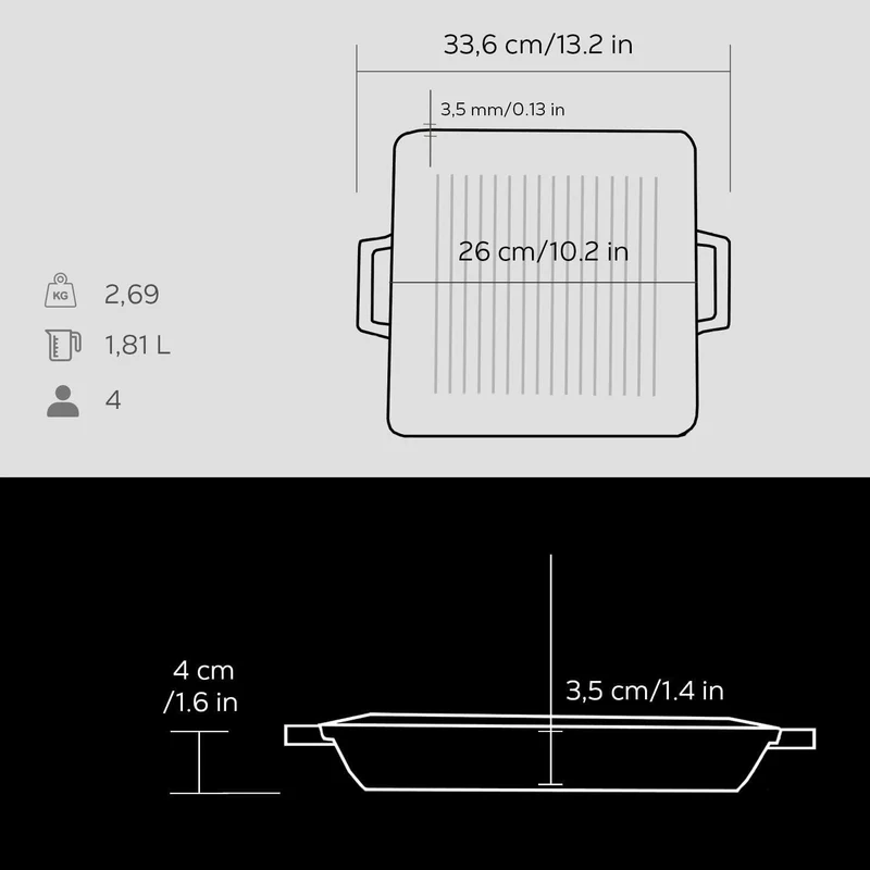 TAFELGRILLPAN M/2 GREPEN 260X260 MM LVECOGT2626T2 MATT BLACK