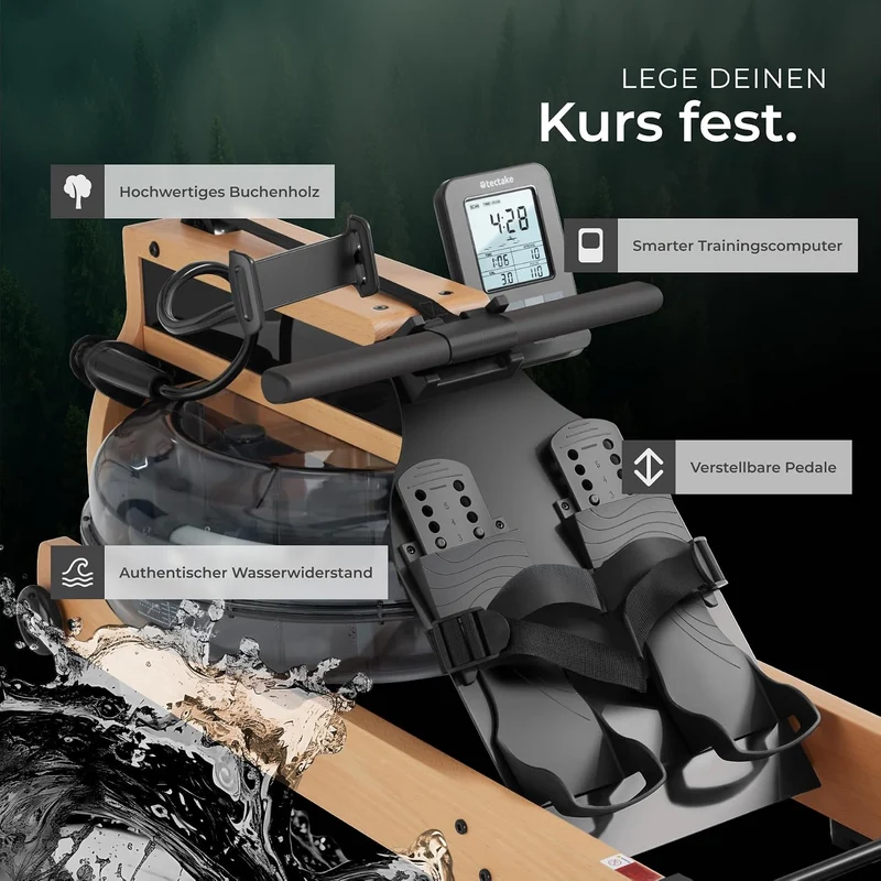 tectake® Wasser Rudergerät für Zuhause + Pulsgurt, Holzrudergerät Heimtrainer mit Wassertank, Wasser