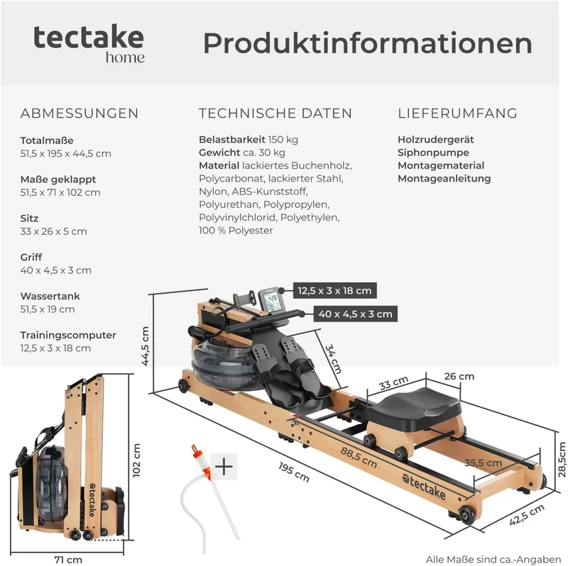 tectake® Wasser Rudergerät für Zuhause + Pulsgurt, Holzrudergerät Heimtrainer mit Wassertank, Wasser