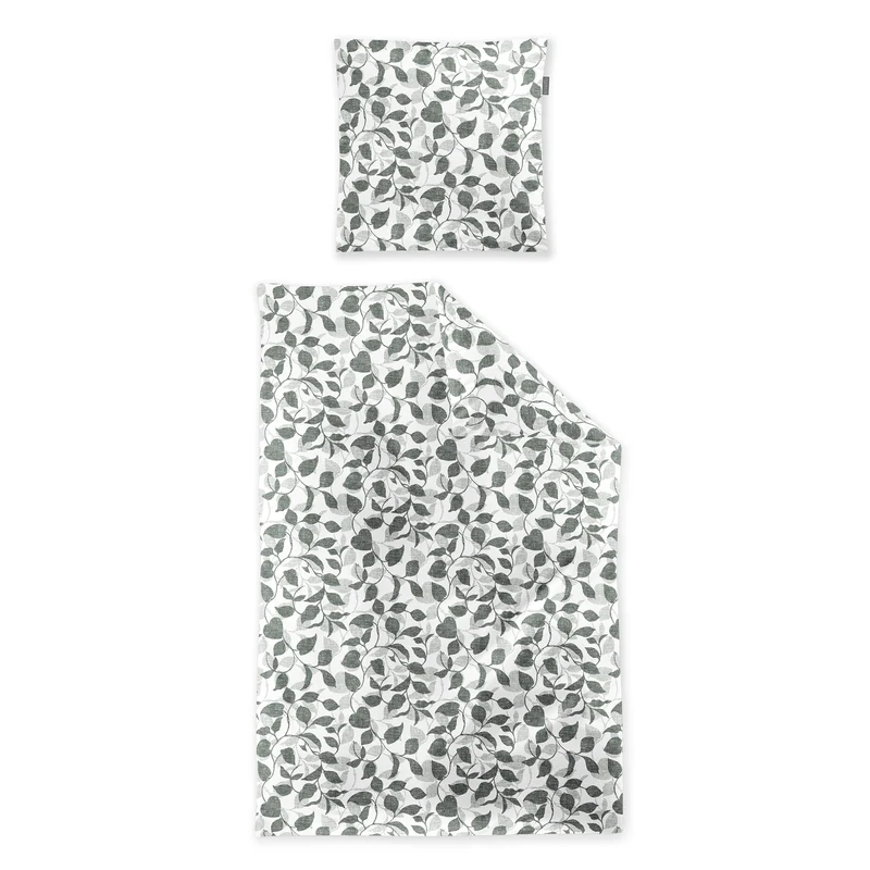 Bettwäsche Feinbiber Meran Grau mit Blättermuster 135 x 200 cm